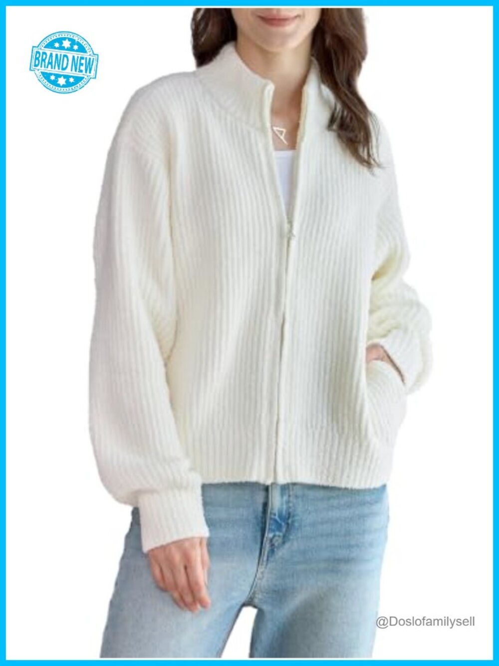 Mock Neck Zip Up Cardigan Sweater Jacket with Pockets Ribbed Knit